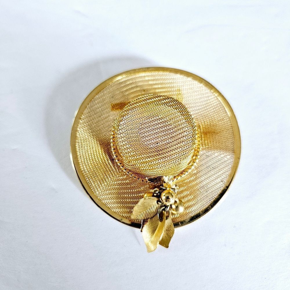 Vintage Gold Tone Mesh Gardening Hat With Leaf & Bead Dangle Detail Pin Brooch